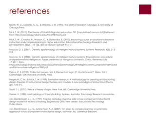 references
Booth, W. C., Colomb, G. G., & Williams, J. M. (1995). The craft of research. Chicago, IL: University of
Chicago Press.

Frick, T. W. (2011). The theory of totally integrated education: TIE. [Unpublished manuscript] Retrieved
from http://educology.indiana.edu/Frick/TIEtheory.pdf

Frick, T. W., Chadha, R., Watson, C., & Zlatkovska, E. (2010). Improving course evaluations to improve
instruction and complex learning in higher education. Educational Technology Research and
Development, 58(2), 115-136. doi:10.1007/s11423-009-9131-z

Maccia, G. S. (1987). Genetic epistemology of intelligent natural systems. Systems Research, 4(3), 213-
218.

Maccia, G. S. (1988). Genetic epistemology of intelligent natural systems: Propositional, procedural
and performative intelligence. Paper presented at Hangzhou University, China. Retrieved July
17, 2011, from
http://educology.indiana.edu/Maccia/GeneticEpistemologyOfIntelligentSystems_propositionalProced
uralPerformativeIntelligence1988.pdf

Peirce, C. S. (1932). Collected papers, Vol. II, Elements of logic (C. Hartshorne & P. Weiss, Eds.).
Cambridge, MA: Harvard University Press.

Reigeluth, C. M., & Frick, T. W. (1999). Formative research: A methodology for creating and improving
design theories. In Instructional design theories and models: A new paradigm of instructional theory.
(pp. 633-51).

Short, T. L. (2007). Peirce’s theory of signs. New York, NY: Cambridge University Press.

Steiner, E. (1988). Methodology of theory building. Sydney, Australia: Educology Research Associates.

van Merriënboer, J. J. G. (1997). Training complex cognitive skills: A four-component instructional
design model for technical training. Englewood Cliffs, New Jersey: Educational Technology
Publications.

van Merriënboer, J. J. G., & Kirschner, P. A. (2007). Ten steps to complex learning: A systematic
approach to four-component instructional design. Mahwah, NJ: Lawrence Erlbaum.
 