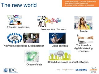 3
Educated customers
Mobile
Brand discussions in social networks
Traditional vs
digital-marketing
channels
Ocean of data
The new world
Cloud servicesNew work experience & collaboration
New service channels
con
 