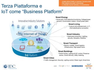Terza Piattaforma e
IoT come “Business Platform”
4
The Internet of Things
Smart Cities
 Traffic management, Security, Lighting control, Water mgmt, Smart bins
Smart Industry
 Optimized production, Lighting,
security, Actuators, Robotics
Smart Buildings
 Smart homes, Lighting & A/C control, Presence
sensor, Smart security, Utility metering
Smart Energy
 Smart grid, Fault detection/monitoring, Voltage/power
sensors, Consumption meters, Virtual power plant
Smart Transport
 Electric mobility, Smart logistics
Infrastructure, High-speed trains
Smart Living
 Leisure and entertainment, J.I.T.
informatioAnytime connection
con
 