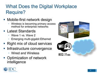 What Does the Digital Workplace
Require?
§  Mobile-first network design
•  Wireless is becoming primary access
method for enterprise networks
§  Latest Standards
•  Wave 1 vs. Wave 2
•  Emerging multi-gigabit Ethernet
§  Right mix of cloud services
§  Infrastructure convergence
•  Wired and Wireless
§  Optimization of network
intelligence
12
 