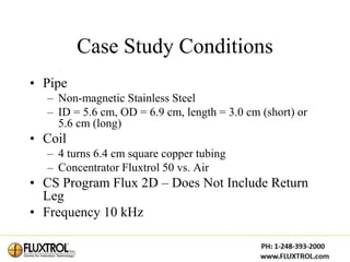 Case Study Conditions
• Pipe
  – Non-magnetic Stainless Steel
  – ID = 5.6 cm, OD = 6.9 cm, length = 3.0 cm (short) or
    5.6 cm (long)
• Coil
  – 4 turns 6.4 cm square copper tubing
  – Concentrator Fluxtrol 50 vs. Air
• CS Program Flux 2D – Does Not Include Return
  Leg
• Frequency 10 kHz
 