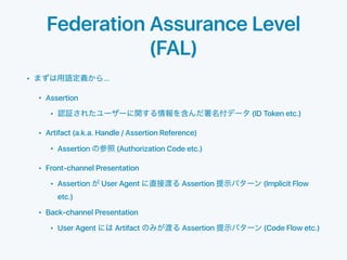 Federation Assurance Level
(FAL)
• ...
• Assertion
• (ID Token etc.)
• Artifact (a.k.a. Handle / Assertion Reference)
• As...