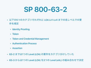SP 800-63-2
• 5 LOA Lv1-Lv4
• Identity Proofing
• Token
• Token and Credential Management
• Authentication Process
• Asser...