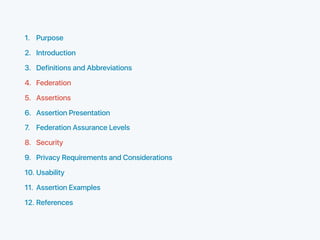 1. Purpose
2. Introduction
3. Definitions and Abbreviations
4. Federation
5. Assertions
6. Assertion Presentation
7. Federation Assurance Levels
8. Security
9. Privacy Requirements and Considerations
10. Usability
11. Assertion Examples
12. References
 