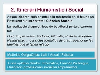 +   una  optativa d'entre:  Informàtica, Francès 2a llengua, Orientació professional i iniciativa emprenedora Matèries Obligatòries: Llatí i Visual i Plàstica 2. Itinerari Humanístic i Social Aquest itinerari està orientat a la realització en el futur d’un Batxillerat d’ Humanitats  i  Ciències Socials . La realització d’aquest tipus de batxillerat porta a carreres com : Dret, Empresarials, Filologia, Filosofia, Història, Magisteri, Periodisme, ... o a cicles formatius de grau superior de les famílies que hi tenen relació. 