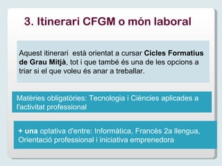 +   una  optativa d'entre:  Informàtica, Francès 2a llengua, Orientació professional i iniciativa emprenedora Matèries obligatòries :  Tecnologia i Ciències aplicades a l'activitat professional 3. Itinerari CFGM o món laboral   Aquest itinerari  està orientat a cursar  Cicles Formatius de Grau Mitjà , tot i que també és una de les opcions a triar si el que voleu és anar a treballar. 