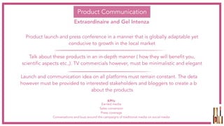 Product launch and press conference in a manner that is globally adaptable yet
conducive to growth in the local market
Talk about these products in an in-depth manner ( how they will benefit you,
scientific aspects etc.,). TV commercials however, must be minimalistic and elegant
Launch and communication idea on all platforms must remain constant. The details,
however must be provided to interested stakeholders and bloggers to create a buzz
about the products
Product Communication
Extraordinaire and Gel Intenza
Earned media
Sales conversion
Press coverage
Conversations and buzz around the campaigns of traditional media on social media
KPI’s:
 