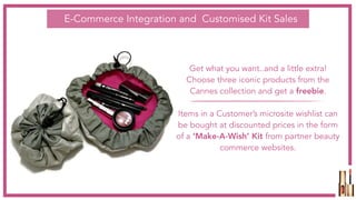 Get what you want..and a little extra!
Choose three iconic products from the
Cannes collection and get a freebie.
Items in a Customer’s microsite wishlist can
be bought at discounted prices in the form
of a ‘Make-A-Wish’ Kit from partner beauty
commerce websites.
E-Commerce Integration and Customised Kit Sales
 