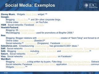 Social Media: Exemplos
Disney Music. Widgets: Block Party widget.106
Google:
      Blogging: Official Blog19 and 30+ other corporate blogs.
      Online video: Google channel on YouTube.
H&M. Social networks: Facebook fan page.
Hewlett-Packard:
      Blogging: 55 corporate blogs.
      Microblogging: Twitter account used for promotions at BlogHer 2008.2
Ikea.
      Blogging: Blogger relations with Jen Segrest of OHIkea, creator of "Saint Tokig" and forced to ch
      Online video: Video sharing (Sweden)84
      Social networks:84 Community (Singapore). Facebook fan group.
Salesforce.com. Crowdsourcing: IdeaExchange has generated 8,300+ ideas.3
SAP. Social networks: Developer community. Business process expert community. Ecosystem colla
SAS. Blogging: Twelve blogs including A Shot in the Arm and Closing the Intelligence Gap.90
Saturn. Social networks: ImSaturn.15
Visa. Social networks: Visa Business Network application on Facebook.2
Wal-Mart:
      Blogging: Check Out, a blog written by buyers. Fake blog: Walmarting Across America. Detracto
      Social networks: Facebook Roommate Style Match application. The Hub. Elevenmoms commun
      Widgets: Receipes.106

   © IDC                                                                                   Jan-11
 