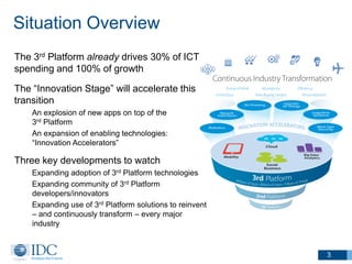 Situation Overview 
The 3rd Platform already drives 30% of ICT spending and 100% of growth 
The “Innovation Stage” will ac...