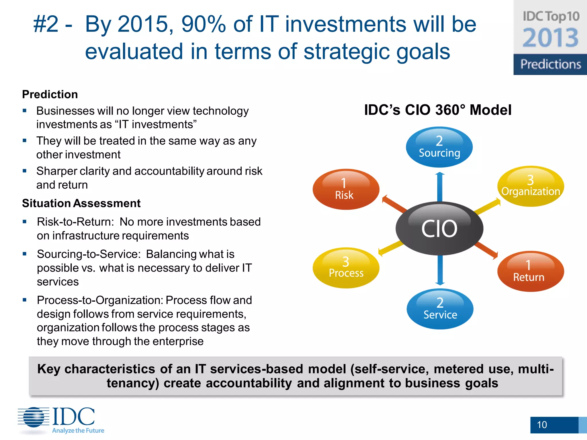 #2 - By 2015, 90% of IT investments will be
       evaluated in terms of strategic goals
Prediction
 Businesses will no longer view technology             IDC’s CIO 360° Model
  investments as “IT investments”
 They will be treated in the same way as any
  other investment
 Sharper clarity and accountability around risk
  and return
Situation Assessment
 Risk-to-Return: No more investments based
  on infrastructure requirements
 Sourcing-to-Service: Balancing what is
  possible vs. what is necessary to deliver IT
  services
 Process-to-Organization: Process flow and
  design follows from service requirements,
  organization follows the process stages as
  they move through the enterprise

   Key characteristics of an IT services-based model (self-service, metered use, multi-
             tenancy) create accountability and alignment to business goals


                                                                                    10
 