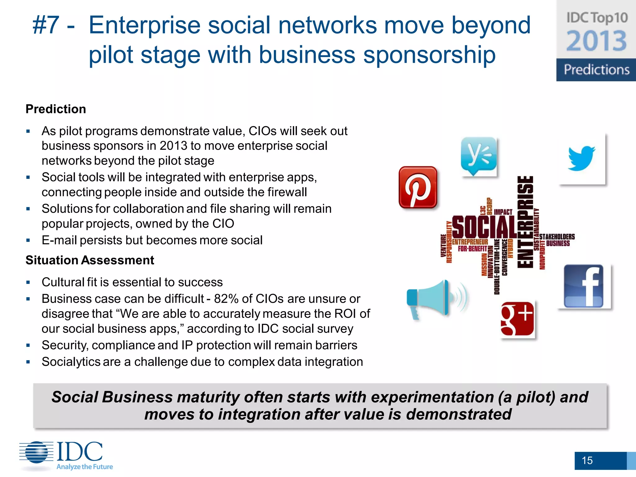 #7 - Enterprise social networks move beyond
      pilot stage with business sponsorship

Prediction
 As pilot programs demonstrate value, CIOs will seek out
  business sponsors in 2013 to move enterprise social
  networks beyond the pilot stage
 Social tools will be integrated with enterprise apps,
  connecting people inside and outside the firewall
 Solutions for collaboration and file sharing will remain
  popular projects, owned by the CIO
 E-mail persists but becomes more social
Situation Assessment
 Cultural fit is essential to success
 Business case can be difficult - 82% of CIOs are unsure or
  disagree that “We are able to accurately measure the ROI of
  our social business apps,” according to IDC social survey
 Security, compliance and IP protection will remain barriers
 Socialytics are a challenge due to complex data integration


    Social Business maturity often starts with experimentation (a pilot) and
                moves to integration after value is demonstrated

                                                                           15
 