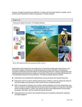 services, manage connectivity more efficiently, or create new businesses based on valuable, yet-to-
be-discovered intersections of data among groups or masses of people.



 Figure 6

 Fueling the Digital Universe: The Digital Shadow




 Source: IDC's Digital Universe Study, sponsored by EMC, June 2011




Organizations that manage their own private cloud, or those that provide public cloud services, must
find ways to mitigate unnecessary or accidental exposure of secure information. Employees and
consumers (individuals) cannot be trusted to do the right thing all the time. Instead, organizations must
integrate policies and processes to create an environment of trust that is automated and thorough and
not sustained by siloed and manual operations. The following specific steps are needed:

   Enterprises must understand the dependencies across processes and compute resources.

   Enterprises need to be able to identify potential policy conflicts, as well as analyze the impact of
    new technologies and processes on their overall risk and compliance posture.

   With IT organizations managing very complex network topologies and vendor relationships, they
    need to be able to correlate dependencies across events and changes to configuration standards
    across functional systems. Further, they need to be able to track dependencies across people,
    processes, information, and the underlying compute resources.

   Enterprises have to be able to demonstrate that they are consistently meeting their regulatory
    and legal obligations.


                                                          10                                     ©2011 IDC
 
