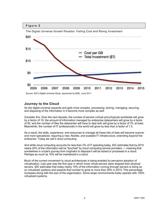 Figure 2

 The Digital Universe Growth Paradox: Falling Cost and Rising Investment




 Source: IDC's Digital Universe Study, sponsored by EMC, June 2011



Journey to the Cloud
As the digital universe expands and gets more complex, processing, storing, managing, securing,
and disposing of the information in it become more complex as well.

Consider this: Over the next decade, the number of servers (virtual and physical) worldwide will grow
by a factor of 10, the amount of information managed by enterprise datacenters will grow by a factor
of 50, and the number of files the datacenter will have to deal with will grow by a factor of 75, at least.
Meanwhile, the number of IT professionals in the world will grow by less than a factor of 1.5.

As a result, the skills, experience, and resources to manage all these bits of data will become scarcer
and more specialized, requiring a new, flexible, and scalable IT infrastructure, extending beyond the
enterprise. Today we call it cloud computing.

And while cloud computing accounts for less than 2% of IT spending today, IDC estimates that by 2015
nearly 20% of the information will be "touched" by cloud computing service providers — meaning that
somewhere in a byte's journey from originator to disposal it will be stored or processed in a cloud.
Perhaps as much as 10% will be maintained in a cloud.

Much of the current movement to cloud architectures is being enabled by pervasive adoption of
virtualization. Last year was the first year in which more virtual servers were shipped than physical
servers. IDC estimates that today nearly 10% of the information running through servers is doing so
on virtualized systems and expects that number to grow to more than 20% in 2015. This percentage
increases along with the size of the organization. Some larger environments today operate with 100%
virtualized systems.




                                                          4                                       ©2011 IDC
 