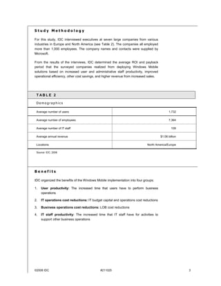 Study Methodology

For this study, IDC interviewed executives at seven large companies from various
industries in Europe and North America (see Table 2). The companies all employed
more than 1,000 employees. The company names and contacts were supplied by
Microsoft.

From the results of the interviews, IDC determined the average ROI and payback
period that the surveyed companies realized from deploying Windows Mobile
solutions based on increased user and administrative staff productivity, improved
operational efficiency, other cost savings, and higher revenue from increased sales.




 T ABLE 2

 Demographics

 Average number of users                                                                     1,732

 Average number of employees                                                                 7,364

 Average number of IT staff                                                                    109

 Average annual revenue                                                                $1.08 billion

 Locations                                                                  North America/Europe

 Source: IDC, 2008




Benefits

IDC organized the benefits of the Windows Mobile implementation into four groups:

1.   User productivity: The increased time that users have to perform business
     operations

2.   IT operations cost reductions: IT budget capital and operations cost reductions

3.   Business operations cost reductions: LOB cost reductions

4.   IT staff productivity: The increased time that IT staff have for activities to
     support other business operations




©2008 IDC                                    #211025                                                   3
 