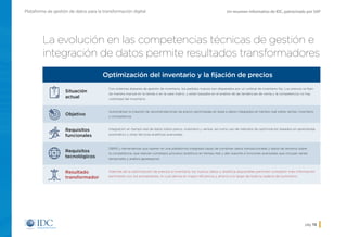 Un resumen informativo de IDC, patrocinado por SAPPlataforma de gestión de datos para la transformación digital
pág. 15
La evolución en las competencias técnicas de gestión e
integración de datos permite resultados transformadores
Optimización del inventario y la fijación de precios
Situación
actual
Con sistemas dispares de gestión de inventario, los pedidos nuevos son disparados por un umbral de inventario fijo. Los precios se fijan
de manera manual en la tienda o en la casa matriz, y están basados en el análisis de las tendencias de venta y la competencia; no hay
visibilidad del inventario.
Objetivo
Automatizar la creación de recomendaciones de precio optimizadas en base a datos integrados en tiempo real sobre ventas, inventario
y competencia.
Requisitos
funcionales
Integración en tiempo real de datos sobre precio, inventario y ventas, así como uso de métodos de optimización basados en aprendizaje
automático y otras técnicas analíticas avanzadas.
Requisitos
tecnológicos
DBMS y herramientas que operen en una plataforma integrada capaz de combinar datos transaccionales y datos de terceros sobre
la competencia, que realicen complejos procesos analíticos en tiempo real y den soporte a funciones avanzadas que incluyen series
temporales y análisis geoespacial.
Resultado
transformador
Además de la optimización de precios e inventario, los nuevos datos y analítica disponibles permiten compartir más información
pertinente con los proveedores, lo cual deriva en mayor eficiencia y ahorro a lo largo de toda la cadena de suministro.
Inicio
 