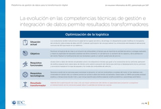 Un resumen informativo de IDC, patrocinado por SAPPlataforma de gestión de datos para la transformación digital
pág. 16
Optimización de la logística
Situación
actual
Los conductores reciben indicaciones en papel de los lugares de retiro y de entrega. Un despachante puede modificar el cronograma
del conductor sobre la base de datos de GPS. Cualquier optimización de ruta que realicen los conductores está basada en aplicaciones
comunes de GPS que tienen en sus teléfonos.
Objetivo
Minimizar la longitud de las rutas (y el consumo de combustible), al tiempo que se maximiza la cantidad de retiros y entregas realizados
y mejora la capacidad de respuesta a pedidos de último momento, lo cual deriva en un aumento de los ingresos y de la satisfacción
del cliente. Realizar la modificaciones de ruta necesarias cuando un camión queda fuera de servicio.
Requisitos
funcionales
Acceso tanto a datos de tránsito actualizados como a los dispositivos móviles que guían a los conductores de los camiones; aplicación
de analítica espacial tanto sobre datos de tránsito como sobre la ubicación del cliente para optimizar el desplazamiento de los camiones;
y priorización basada en la clase de paquete y los niveles de combustible del vehículo.
Requisitos
tecnológicos
Sensores a bordo de los camiones para monitorear la ubicación, el nivel de combustible y el estado del motor, el tren delantero, etc.,
conectados en tiempo real a un sistema central con acceso a datos de tránsito actualizados. Opera sobre un DBMS que puede procesar
analítica y transacciones de alto nivel, y que incluye soporte para analítica espacial, analítica predictiva y aprendizaje automático.
Resultado
transformador
Además de la optimización de rutas y de una mayor satisfacción del cliente, la capacidad para proyectar y programar
el mantenimiento de los camiones puede reducir la pérdida de tiempo por averías.
La evolución en las competencias técnicas de gestión e
integración de datos permite resultados transformadores
Inicio
 