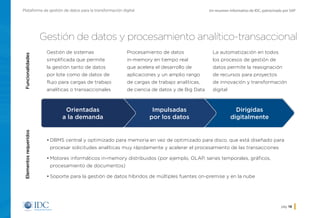 Un resumen informativo de IDC, patrocinado por SAPPlataforma de gestión de datos para la transformación digital
pág. 18
Gestión de datos y procesamiento analítico-transaccional
Gestión de sistemas
simplificada que permite
la gestión tanto de datos
por lote como de datos de
flujo para cargas de trabajo
analíticas o transaccionales
Procesamiento de datos
in-memory en tiempo real
que acelera el desarrollo de
aplicaciones y un amplio rango
de cargas de trabajo analíticas,
de ciencia de datos y de Big Data
La automatización en todos
los procesos de gestión de
datos permite la reasignación
de recursos para proyectos
de innovación y transformación
digital
•	DBMS central y optimizado para memoria en vez de optimizado para disco, que está diseñado para
procesar solicitudes analíticas muy rápidamente y acelerar el procesamiento de las transacciones
•	Motores informáticos in-memory distribuidos (por ejemplo, OLAP, series temporales, gráficos,
procesamiento de documentos)
•	Soporte para la gestión de datos híbridos de múltiples fuentes on-premise y en la nube
FuncionalidadesElementosrequeridos
Orientadas
a la demanda
Impulsadas
por los datos
Dirigidas
digitalmente
Inicio
 
