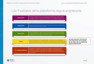 Un resumen informativo de IDC, patrocinado por SAPPlataforma de gestión de datos para la transformación digital
pág. 9
Los 5 estratos de la plataforma digital empresarial
En este resumen informativo
nos enfocamos en el estrato
de los datos de la plataforma
digital empresarial.
Interacción
Integración
Desarrollo
TI central moderna
Datos
Sin estado, centrada en el usuario y con una UX que brinda experiencias de inmersión centradas
en el cliente y vinculadas al ecosistema. Permite la interacción bidireccional con el usuario para
comunicaciones o transacciones (mediante aplicaciones, robots o interfaces futuras que incluyen
voz, realidad aumentada y realidad virtual con contenidos dinámicos basados en perfiles de usuario)
Servicios sin conexión directa en una arquitectura manejada por API, una biblioteca de API y SDK
para conectarse al ecosistema interno y externo.
Entornos de programación políglota para que los desarrolladores brinden productos, servicios y
experiencias digitales revolucionarios. Permite el desarrollo ágil con un enfoque iterativo respecto
a la recopilación de requerimientos y la búsqueda de soluciones, con un enfoque orientado hacia
DevOps que se centra en la integración y prestación continuas.
Entornos de localización de datos de múltiples niveles y múltiples clientes con la aplicación de
inteligencia para extraer valor y significado de negocio. Los servicios de datos también deben incluir
analítica avanzada, visualización de IA y aprendizaje automático para que los científicos de datos puedan
crear nuevos algoritmos y modelos que proporcionen información estratégica completamente nueva.
Este entorno de TI central moderna engloba todas las aplicaciones empresariales y sistemas
de información de misión crítica para sostener la continuidad de operaciones y negocios.
Infraestructura que surge de la nube y aprovecha microservicios y contenedores impulsados.
Como parte de la arquitectura integrada, se modernizan fuertemente las aplicaciones clave y se
las hace más inteligentes (con funcionalidades de aprendizaje automático e IA) y se aprovechan
nuevas interfaces.
Inicio
 