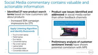 Social Media commentary contains valuable and
actionable information
• Identified 27 new product search • Product use issues identified and
  terms based on how customers talk  addressed in social media earlier
  about products                     than other feedback channels
   – Increased SEM campaign
     impressions by 27%




                                   • Preliminary analysis of customer
                                     sentiment trends have shown
                                     potential correlation with NPS
8   Confidential                                        Global Marketing
 