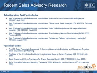 July 8, 2009© 2009 IDC 14
Recent Sales Advisory Research
Sales Operations Best Practice Series
 Best Practices in Sales P...