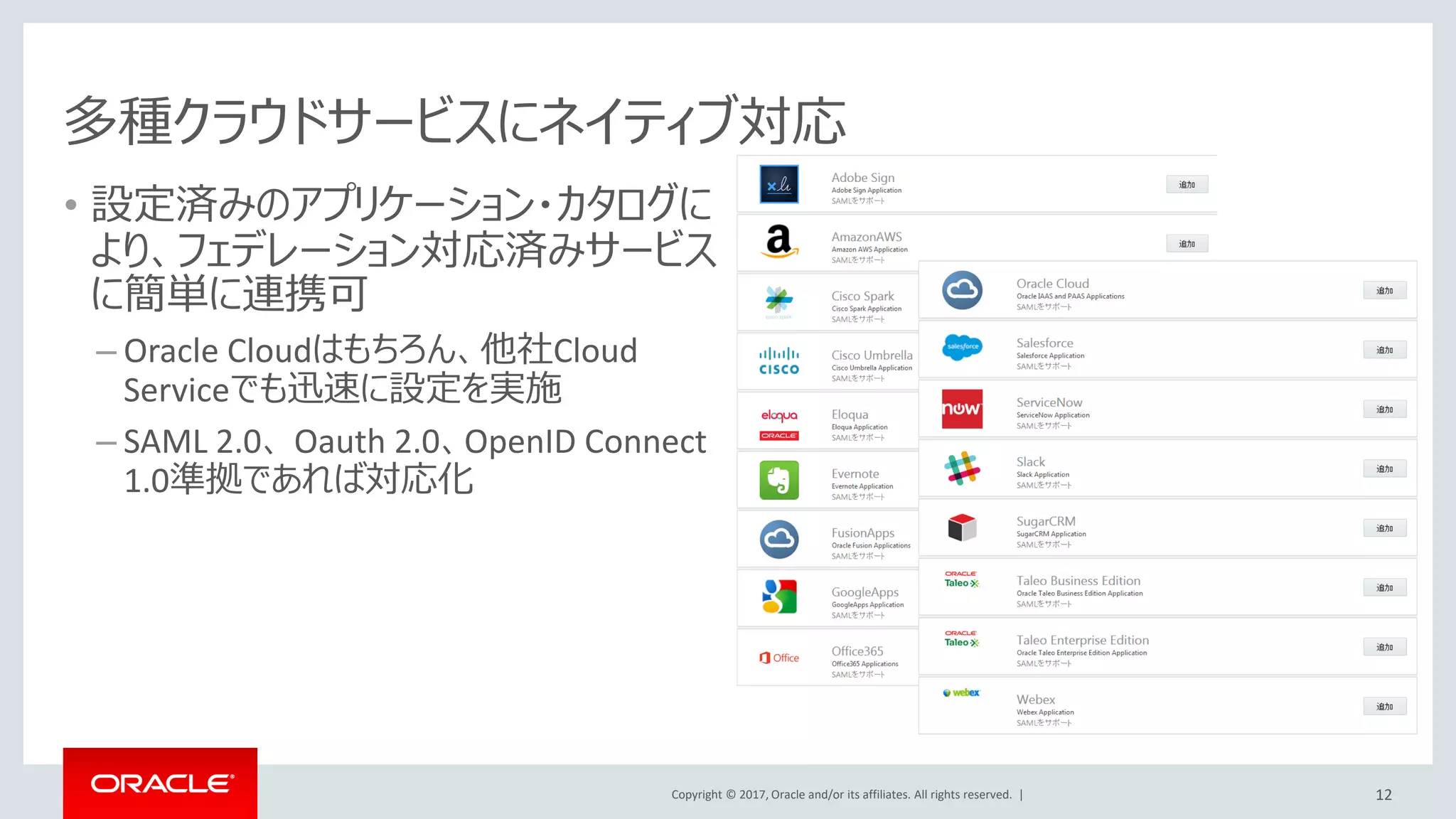 Copyright © 2017, Oracle and/or its affiliates. All rights reserved. |
Oracle CASB Cloud Service 特長
1. SaaSをはじめPaaS、IaaSに対応
• 各テンプレート（ベースライン）を提供。テンプレートを基にお客様要件に合わ
せてカスタマイズが可能
• 設定5分。短時間でセットアップ完了
2. APIベース
• プロキシベースのものと異なり、SPOF（単一障害点）を作らないアーキテクチャ
• クラウド利用者に影響を与えないモニタリングが実現
3. 視認性、操作性の高い画面
• SIEM、IDaaS、ファイアーウォールなどの外部サービス連携による高度がモニタ
リングが可能
• 軽量、高いスケーラビィリティ
12
 