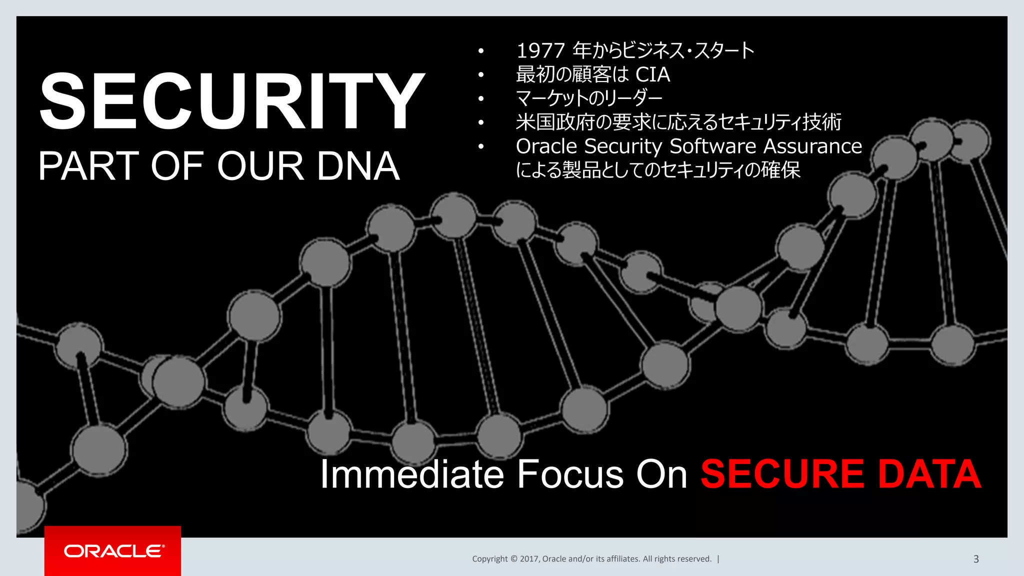 Copyright © 2017, Oracle and/or its affiliates. All rights reserved. |
SECURITY
PART OF OUR DNA
Immediate Focus On SECURE DATA
• 1977 年からビジネス・スタート
• 最初の顧客は CIA
• マーケットのリーダー
• 米国政府の要求に応えるセキュリティ技術
• Oracle Security Software Assurance
による製品としてのセキュリティの確保
3
 