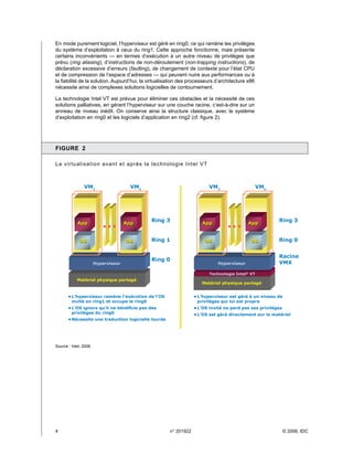 En mode purement logiciel, l’hyperviseur est géré en ring0, ce qui ramène les privilèges
du système d’exploitation à ceux du ring1. Cette approche fonctionne, mais présente
certains inconvénients — en termes d’exécution à un autre niveau de privilèges que
prévu (ring aliasing), d’instructions de non-déroutement (non-trapping instructions), de
déclaration excessive d’erreurs (faulting), de changement de contexte pour l’état CPU
et de compression de l’espace d’adresses — qui peuvent nuire aux performances ou à
la fiabilité de la solution. Aujourd’hui, la virtualisation des processeurs d’architecture x86
nécessite ainsi de complexes solutions logicielles de contournement.

La technologie Intel VT est prévue pour éliminer ces obstacles et la nécessité de ces
solutions palliatives, en gérant l’hyperviseur sur une couche racine, c’est-à-dire sur un
anneau de niveau inédit. On conserve ainsi la structure classique, avec le système
d’exploitation en ring0 et les logiciels d’application en ring2 (cf. figure 2).




FIGURE  2

La v ir t u a l i s a ti o n a v a n t e t a p rè s l a technol ogi e Intel V T



                VM1                     VMn                                       VM1                     VMn




                                                  Ring 3                                                        Ring 3
            App                       App                                   App                    App


             OS                       OS          Ring 1                     OS                     OS          Ring 0


                                                                                                                Racine
                                                  Ring 0
                        Hyperviseur                                                  Hyperviseur                VMX

                                                                                  Technologie Intel® VT
            Matériel physique partagé
                                                                            Matériel physique partagé


       •	L’hyperviseur ramène l’exécution de l’OS                       •	L’hyperviseur est géré à un niveau de
         invité en ring1 et occupe le ring0                               privilèges qui lui est propre
       •	L’OS ignore qu’il ne bénéficie pas des                         •	L’OS invité ne perd pas ses privilèges
         privilèges du ring0                                            •	L’OS est géré directement sur le matériel
       •	Nécessite une traduction logicielle lourde




Source : Intel, 2006.




4	                                                         n° 201922                                              © 2006, IDC
 