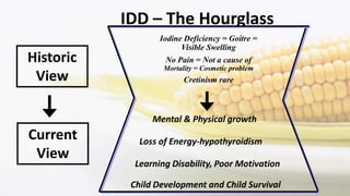 IDD – The Hourglass
Historic
View
Current
View
Iodine Deficiency = Goitre =
Visible Swelling
No Pain = Not a cause of
Mortality = Cosmetic problem
Cretinism rare
Mental & Physical growth
Loss of Energy-hypothyroidism
Learning Disability, Poor Motivation
Child Development and Child Survival
 