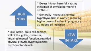 * Excess intake- harmful, causing
inhibition of thyroid hormone ‘s
synthesis.
* Generally- neonatal chemical
hypothyroidism in women receiving
higher doses of iodine in pregnancy
as iodized oil ingestion
* Low intake- brain cell damage,
still births, goiter, cretinism,
impaired mental function, retarded
physical growth, hypothyroidism,
psychomotor defects.
 
