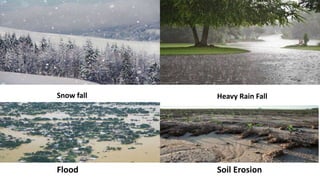 Snow fall Heavy Rain Fall
Flood Soil Erosion
 