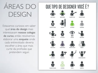 ÁREAS DO
 DESIGN
Estavamos curiosos em saber
  qual área do design mais
interessavam nossos colegas
 de curso, então resolvemos
elaborar uma enquete onde
  cada entrevistado deveria
  escolher a área que mais
   curte da proﬁssão que
      pretendem seguir.
 