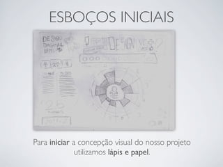ESBOÇOS INICIAIS




Para iniciar a concepção visual do nosso projeto
              utilizamos lápis e papel.
 