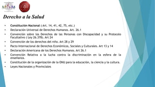 Derecho a la Salud
• Constitución Nacional ( Art. 14, 41, 42, 75, etc.)
• Declaración Universal de Derechos Humanos. Art. 26.1
• Convención sobre los Derechos de las Personas con Discapacidad y su Protocolo
Facultativo ( Ley 26.378). Art 24
• Convención de los derechos del niño. Art 28 y 29
• Pacto Internacional de Derechos Económicos, Sociales y Culturales. Art 13 y 14
• Declaración Americana de los Derechos Humanos. Art 26.1
• Convención Relativa a la lucha contra la discriminación en la esfera de la
enseñanza.
• Constitución de la organización de la ONU para la educación, la ciencia y la cultura.
• Leyes Nacionales y Provinciales
 