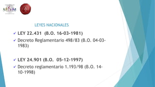 LEYES NACIONALES
 LEY 22.431 (B.O. 16-03-1981)
 Decreto Reglamentario 498/83 (B.O. 04-03-
1983)
 LEY 24.901 (B.O. 05-12-1997)
 Decreto reglamentario 1.193/98 (B.O. 14-
10-1998)
 