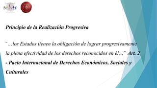 Principio de la Realización Progresiva
¨…los Estados tienen la obligación de lograr progresivamente
la plena efectividad de los derechos reconocidos en él…¨ Art. 2
- Pacto Internacional de Derechos Económicos, Sociales y
Culturales
 