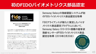 Copyright (C) 2019 Yahoo Japan Corporation. All Rights Reserved.
初のFIDOバイオメトリクス部品認定
43
Samsung Galaxyの指紋認証システムが初
のFIDOバイオメトリクス部品認定を取得
FIDOアライアンスが新たに策定したバイオ
メトリクス部品認定プログラムにおいて、
Samsung Galaxy S10・S10+搭載の超音波
指紋センサーがFIDOバイオメトリクス部品
認定を取得 （2019年2月20日）
https://prtimes.jp/main/html/rd/p/000000007.000037279.html
 