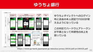 Copyright (C) 2019 Yahoo Japan Corporation. All Rights Reserved.
ゆうちょ銀⾏
46
ゆうちょダイレクトへのログイン
時と送⾦の本⼈認証でFIDOが使
えるようになっている
この対応でハードウェアトークン
が不要となって利便性の向上を
図っている
https://www.jp-bank.japanpost.jp/aboutus/press/2019/pdf/pr190425.pdf
 