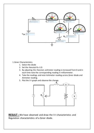 1.Zener Characteristics
1. Select the diode
2. Set the rheostat Rh=1 Ω
3. By adjusting the rheostat, voltmeter reading is increased from 0 and in
each time note the corresponding reading in milliammeter.
4. Take the readings and note Voltmeter reading across Zener diode and
Ammeter reading.
5. Plot the V-I graph and observe the change.
RESULT : We have observed and draw the V-I characteristics and
Regulation characteristics of a Zener diode.
 