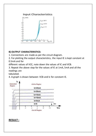 B) OUTPUT CHARACTERISTICS:
1. Connections are made as per the circuit diagram.
2. For plotting the output characteristics, the input IE is kept constant at
0.5mA and for
different values of VCC, note down the values of IC and VCB.
3. Repeat the above step for the values of IE at 1mA, 5mA and all the
readings are
tabulated.
4. A graph is drawn between VCB and Ic for constant IE.
RESULT :
 