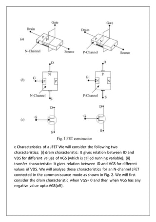 c Characteristics of a JFET We will consider the following two
characteristics: (i) drain characteristic: It gives relation between ID and
VDS for different values of VGS (which is called running variable). (ii)
transfer characteristic: It gives relation between ID and VGS for different
values of VDS. We will analyze these characteristics for an N-channel JFET
connected in the common-source mode as shown in Fig. 2. We will first
consider the drain characteristic when VGS= 0 and then when VGS has any
negative value upto VGS(off).
 
