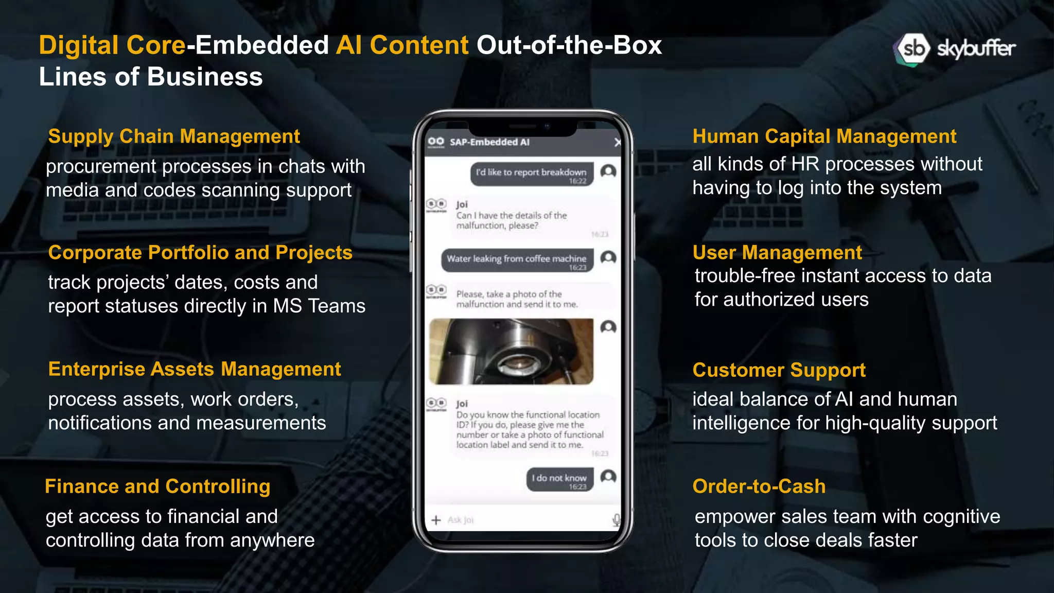 Digital Core-Embedded AI Content Out-of-the-Box
Lines of Business
Supply Chain Management
Order-to-Cash
Enterprise Assets Management
Finance and Controlling
Human Capital Management
User Management
Customer Support
Corporate Portfolio and Projects
procurement processes in chats with
media and codes scanning support
all kinds of HR processes without
having to log into the system
track projects’ dates, costs and
report statuses directly in MS Teams
process assets, work orders,
notifications and measurements
get access to financial and
controlling data from anywhere
trouble-free instant access to data
for authorized users
empower sales team with cognitive
tools to close deals faster
ideal balance of AI and human
intelligence for high-quality support
 