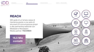 16,5 Mio
contatti
REACH
iDD gode di un’ampia cassa di
risonanza grazie a una serie di
strumenti di comunicazione propri
e alle partnership editoriali con
Mediaset e Mondadori.
Media partner: TGCOM24
PREMESSA IDD COMUNICAZIONE EVENTO - DESIGN WEEK
 