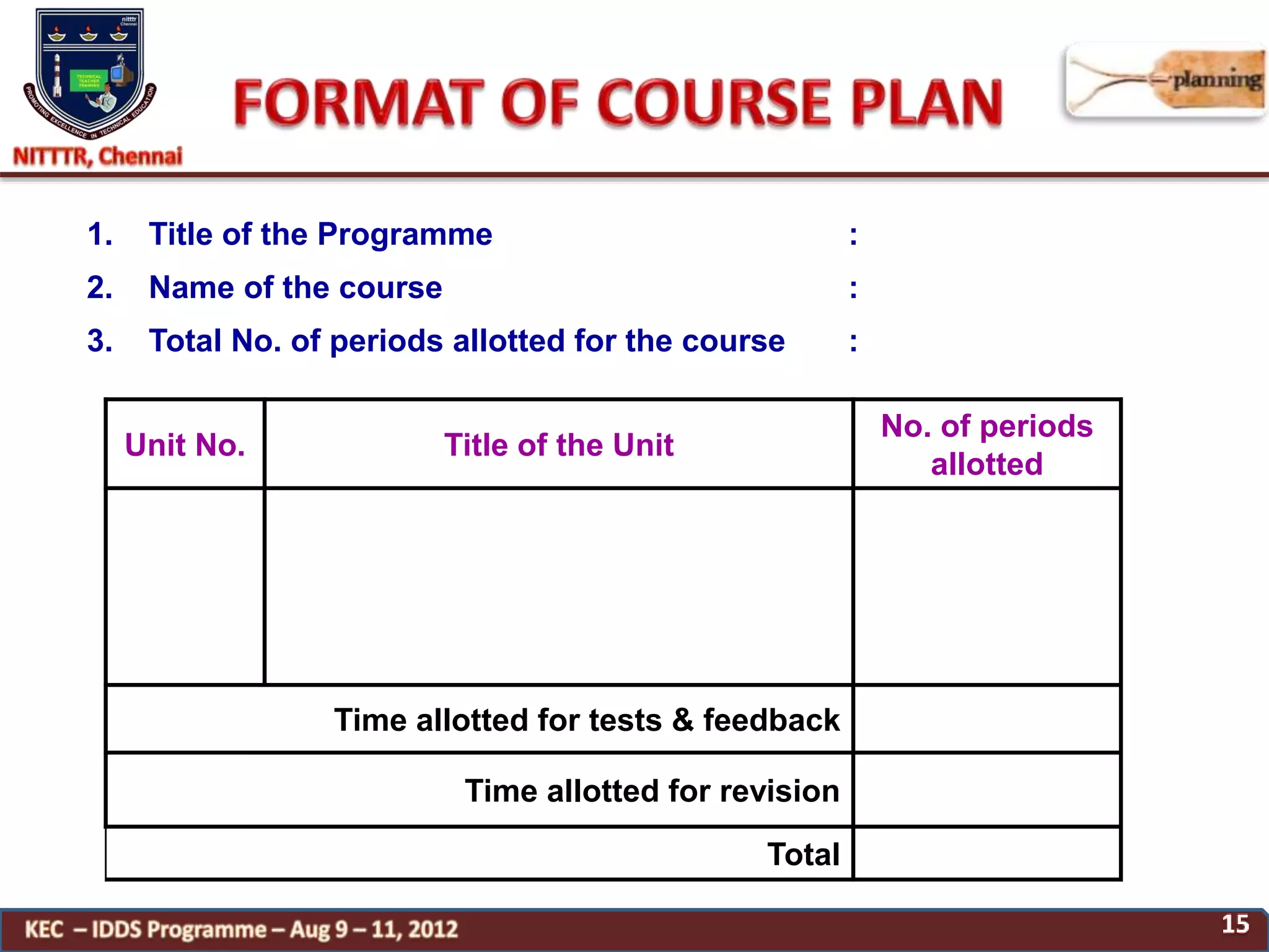 1. Title of the Programme :
2. Name of the course :
3. Total No. of periods allotted for the course :
Unit No. Title of the Unit
No. of periods
allotted
Time allotted for tests & feedback
Time allotted for revision
Total
 
