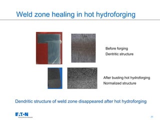 20
Weld zone healing in hot hydroforging
Before forging
Dentritic structure
After busting hot hydroforging
Normalized structure
Dendritic structure of weld zone disappeared after hot hydroforging
 