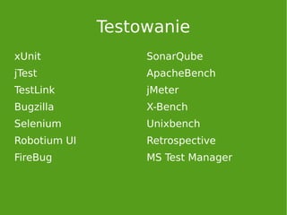 Testowanie
xUnit
jTest
TestLink
Bugzilla
Selenium
Robotium UI
FireBug
SonarQube
ApacheBench
jMeter
X-Bench
Unixbench
Retrospective
MS Test Manager
 