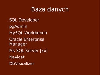 Baza danych
SQL Developer
pgAdmin
MySQL Workbench
Oracle Enterprise
Manager
Ms SQL Server [xx]
Navicat
DbVisualizer
 