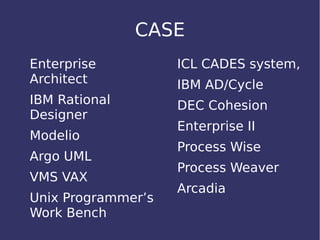 CASE
Enterprise
Architect
IBM Rational
Designer
Modelio
Argo UML
VMS VAX
Unix Programmer’s
Work Bench
ICL CADES system,
IBM AD/Cycle
DEC Cohesion
Enterprise II
Process Wise
Process Weaver
Arcadia
 