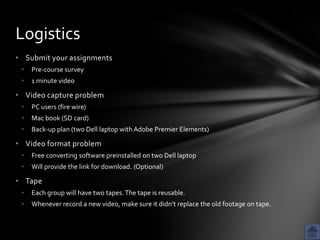 Logistics
• Submit your assignments
 •   Pre-course survey
 •   1 minute video

• Video capture problem
 •   PC users (fire wire)
 •   Mac book (SD card)
 •   Back-up plan (two Dell laptop with Adobe Premier Elements)

• Video format problem
 •   Free converting software preinstalled on two Dell laptop
 •   Will provide the link for download. (Optional)

• Tape
 •   Each group will have two tapes. The tape is reusable.
 •   Whenever record a new video, make sure it didn’t replace the old footage on tape.
 