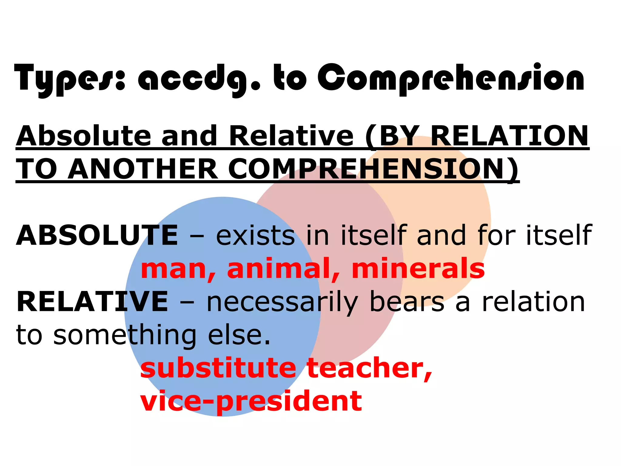 Types: accdg. to Comprehension
Absolute and Relative (BY RELATION
TO ANOTHER COMPREHENSION)

ABSOLUTE – exists in itself and for itself
        man, animal, minerals
RELATIVE – necessarily bears a relation
to something else.
        substitute teacher,
        vice-president
 